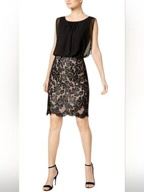 Calvin Klein Black Chiffon Dress with Lace Overlay Pencil Skirt. Size 12. NWOT